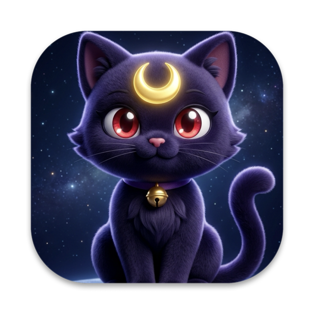 Luna, a black cat with a crescent moon